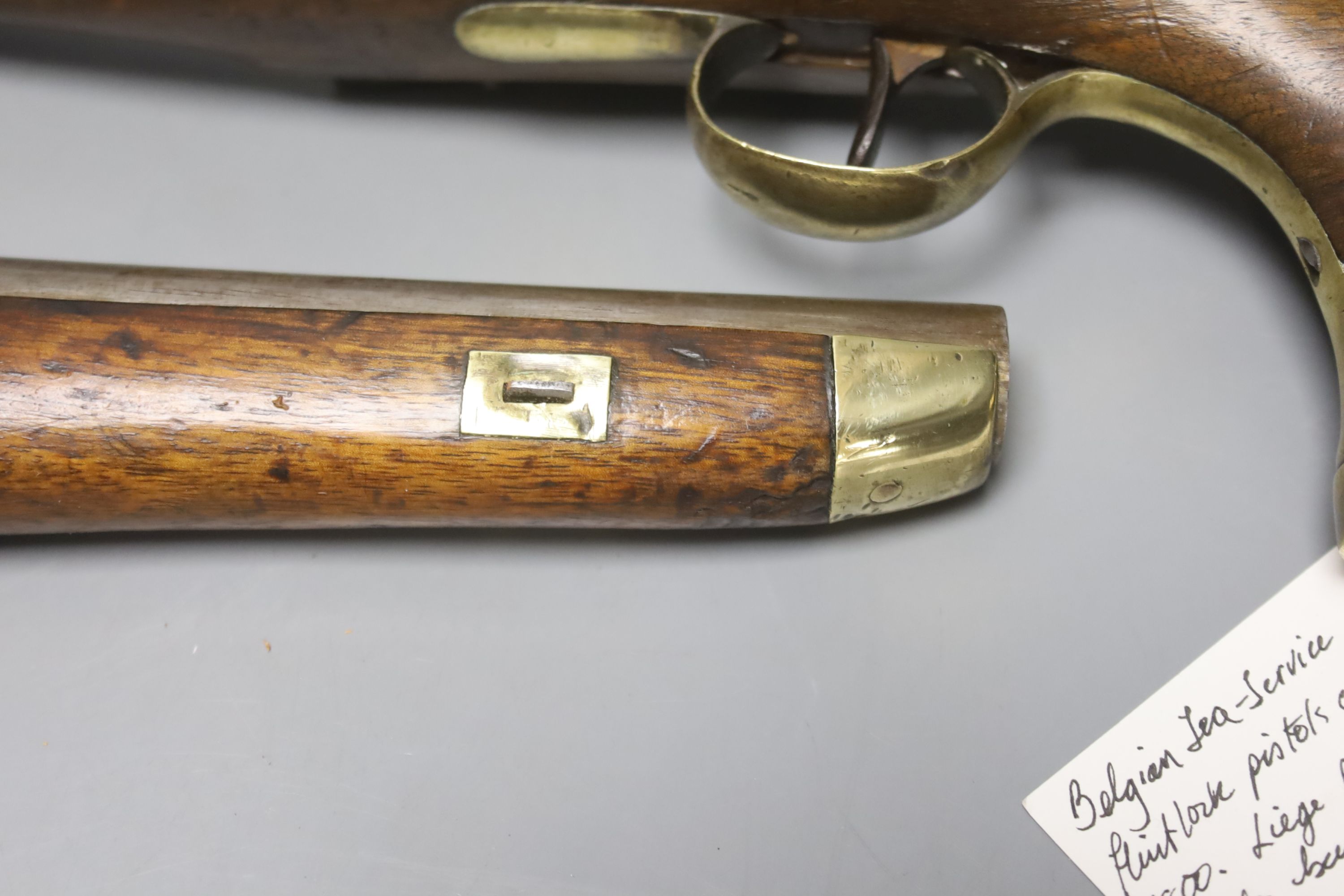 A pair of Belgian Sea Service flintlock pistols, circa 1800, length 39cm